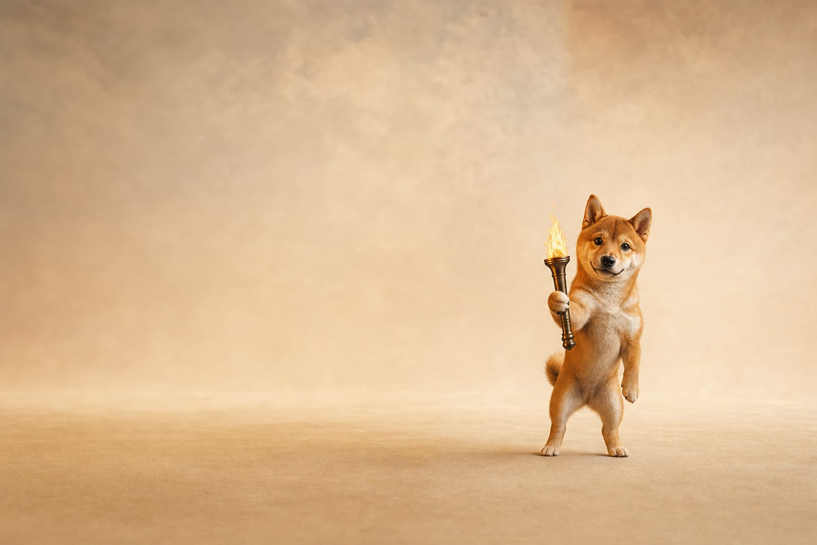 Photo-real Shiba Inu puppy standing upright holding a brass-handled torch with a stylised orange flame against a plain light background.